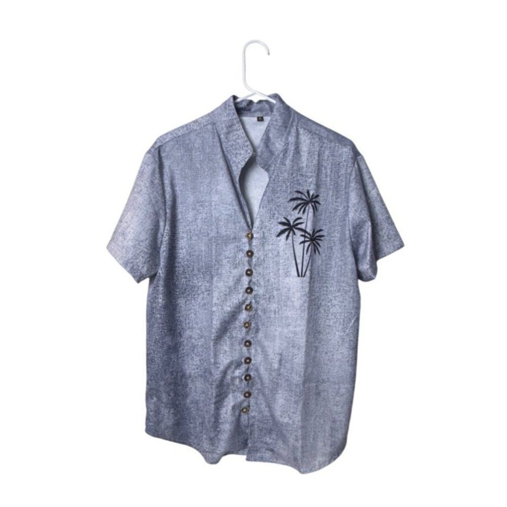 Vintage-Inspired Gray Short Sleeve Button-Up Shirt